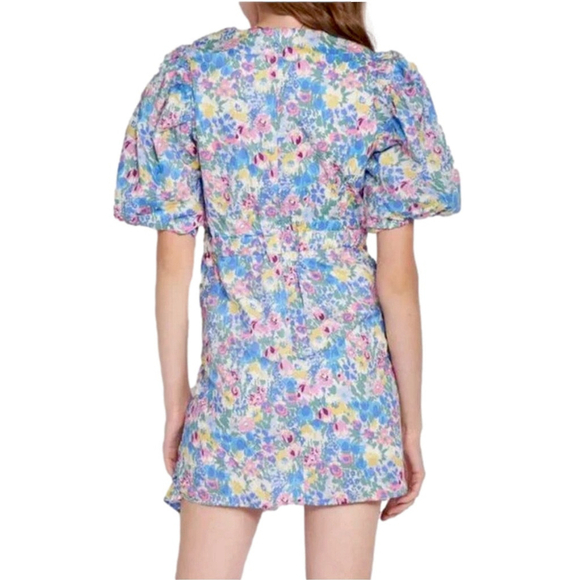 En Saison Floral Mini Dress Puffed Statement Sleeve Ruching Ruffle Cotton Small - Picture 3 of 13